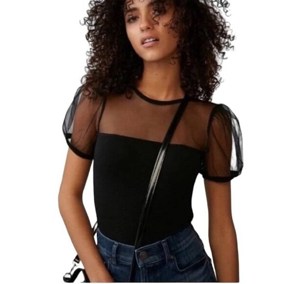 Express Tops - Express Black Mesh Puff Sleeve Blouse